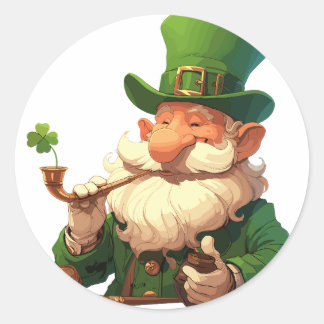 Wise Old Leprechaun with Pipe Classic Round Sticker
