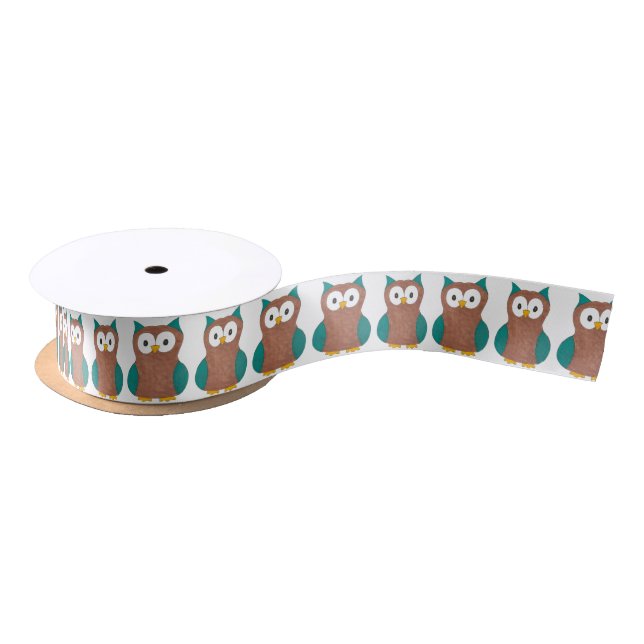 Wise Owl Blue Brown Cartoon Owls Bird Animal Print Satin Ribbon (Spool)