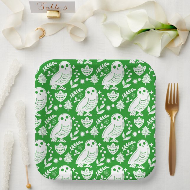 Wise Owl Folk Art Green Holiday Paper Plate (Wedding)