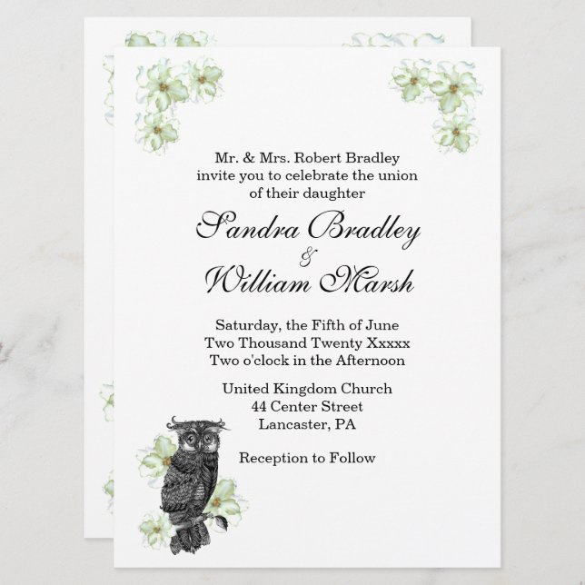 Wise Owl Green Flowers Wedding Invitation (Front/Back)