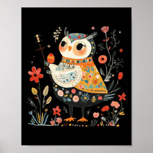 Wise Owl Guardian - Easter Egg Folk Art Poster