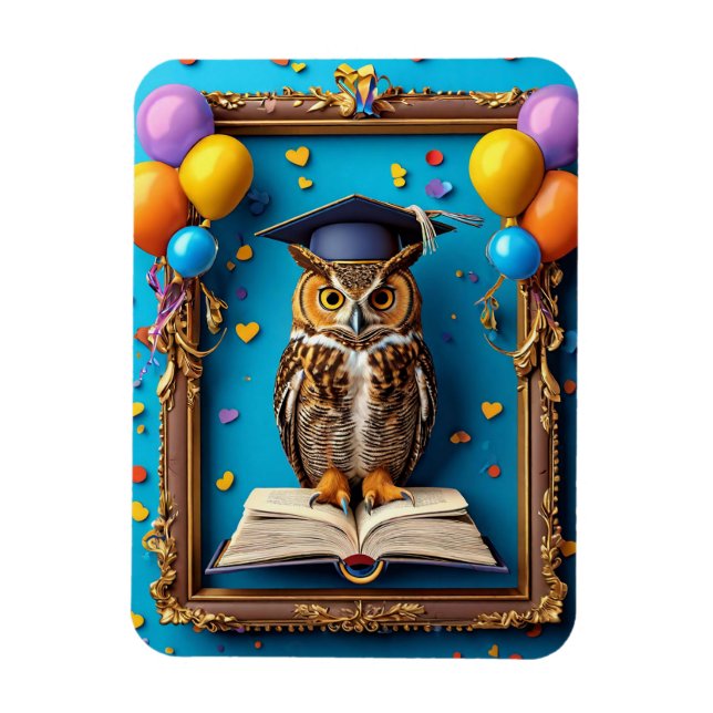Wise Owl in Graduation Cap Posing with Book Magnet (Vertical)