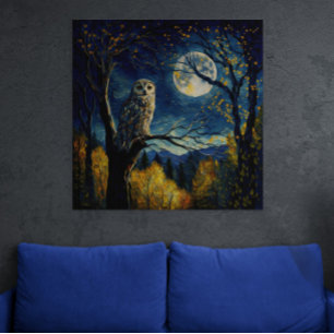 Wise Owl Perched on a Tree Under the Full Moon - Poster