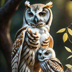 Wise white owl with baby sitting on a branch tissue paper
