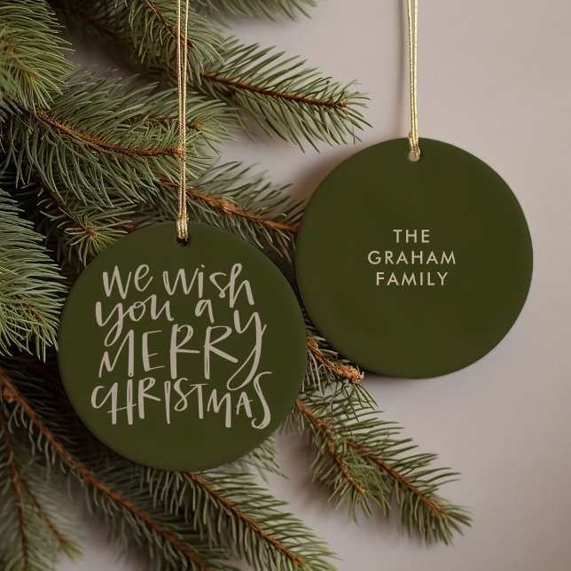 "Wish You a Merry Christmas" Evergreen Ceramic Tree Decoration (Hand-lettered We Wish You a Merry Christmas carol family name green ornament)
