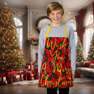 Wish You a Merry Christmas Holly Pattern Apron