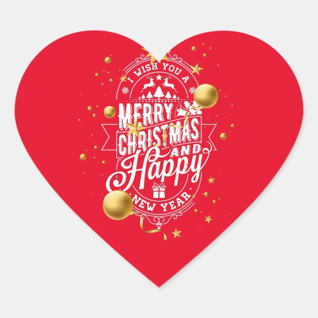 Wish You a Very Merry Christmas and Happy New Year Heart Sticker (Front)