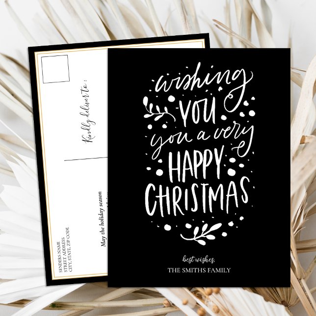 Wish You Merry Christmas Black Script Non Photo Holiday Postcard (Creator Uploaded)
