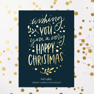 Wish You Merry Christmas Blue Gold Script Business