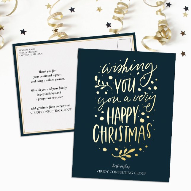 Wish You Merry Christmas Blue Gold Script Business Foil Holiday Postcard (Creator Uploaded)
