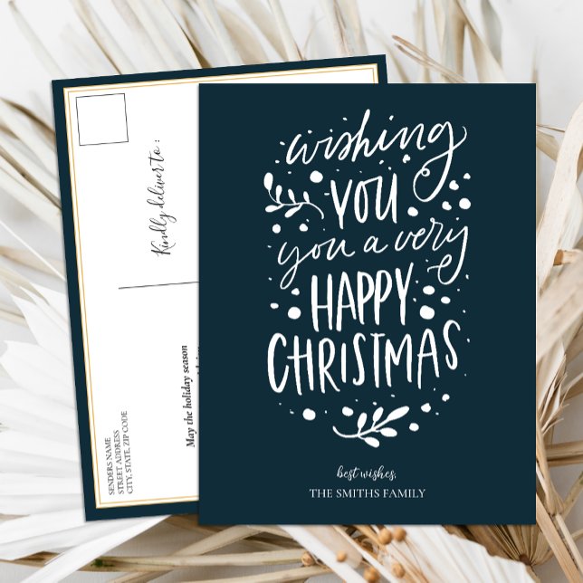 Wish You Merry Christmas Blue Script Non Photo Holiday Postcard (Creator Uploaded)