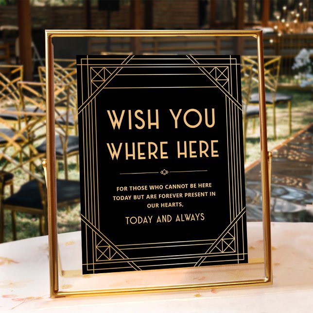 Wish You Were Here Art Deco Black Gold Wedding Poster (Creator Uploaded)