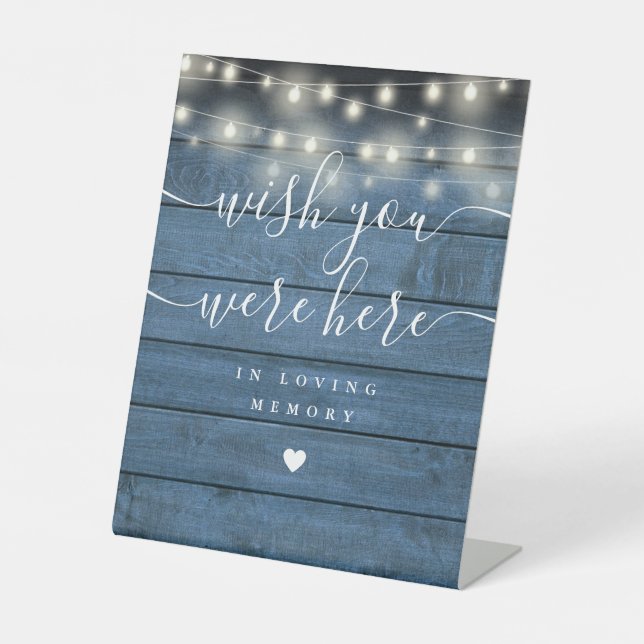 Wish You Were Here String Lights Blue Rustic Wood Pedestal Sign (Front)