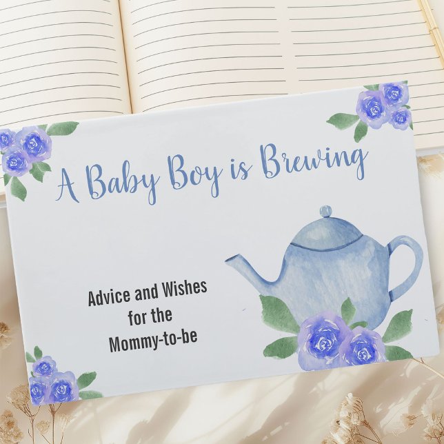 Wishes and Advice Blue Teapot Boy Baby Shower Guest Book (Baby is Brewing Baby Shower Guest Book with Blue Teapot and Flowers)