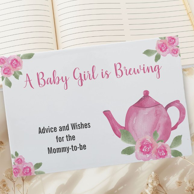 Wishes and Advice Pink Teapot Girl Baby Shower Guest Book (Baby is Brewing Baby Shower Guest Book with Pink Teapot and Flowers)