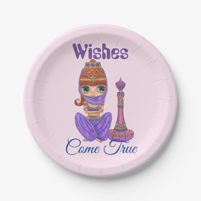 Wishes Come True Purple Genie Girl Magic Bottle Paper Plate (Front)