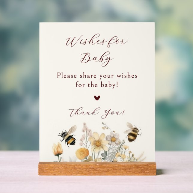 Wishes For Baby Baby Shower Bee Wildflower Floral Acrylic Sign (Neutral)