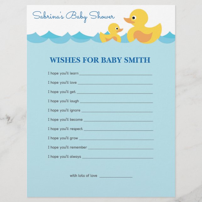 Wishes for Baby Cute Rubber Duck  Baby Shower Game (Front)