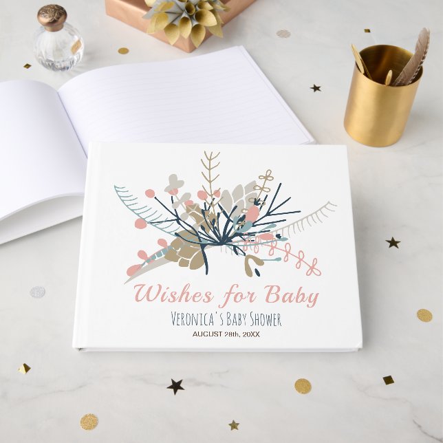 Wishes for Baby Peach Pastel Botanical Baby Shower Guest Book (Front Open)