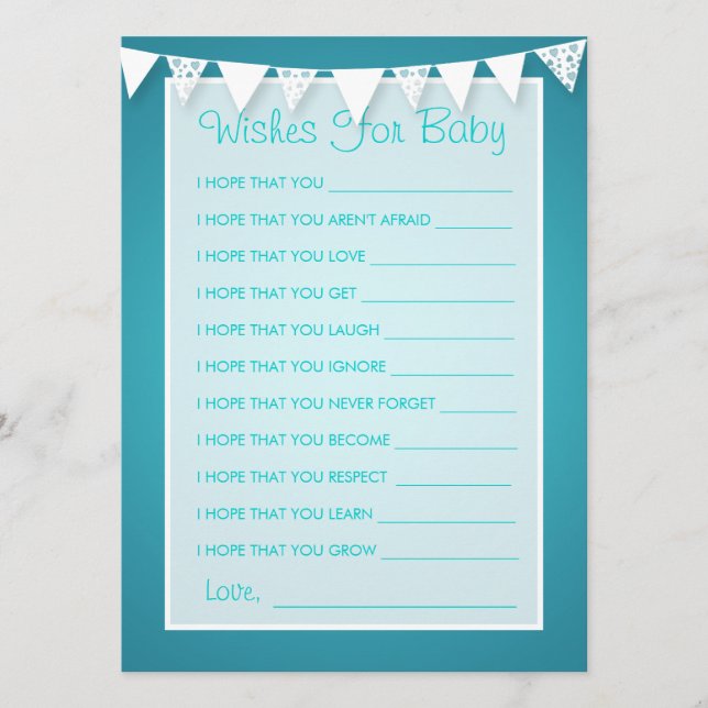 Wishes For Baby Shower Love Bunting Turquoise Advice Card (Front)