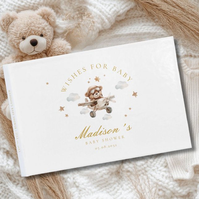 Wishes for Baby! Teddy Bear & Aeroplane Guest Book (Personalized "Wishes for Baby!" Baby Shower, White Guest Book. For boy and girl.)