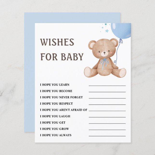 Wishes for Baby | Teddy Bear Boy Baby Shower Game  (Front/Back)