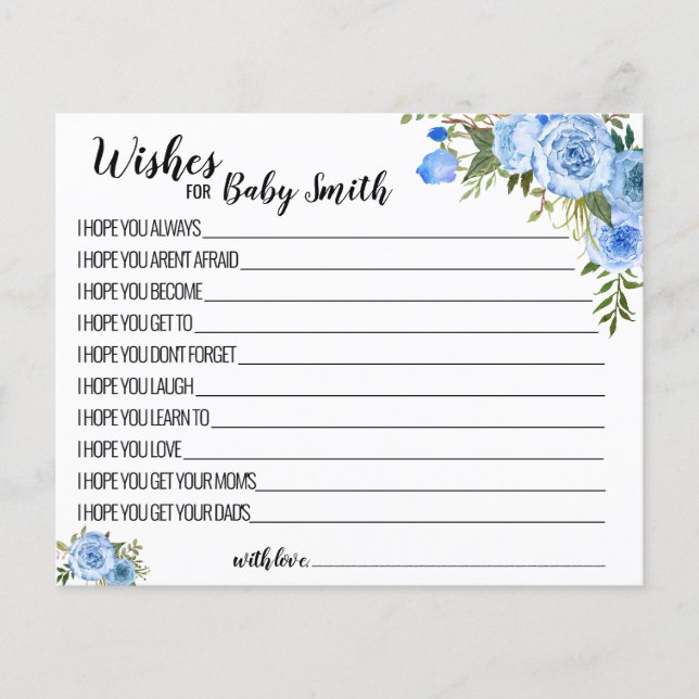 Wishes for the Baby Blue Flowers Baby Shower card (Front)