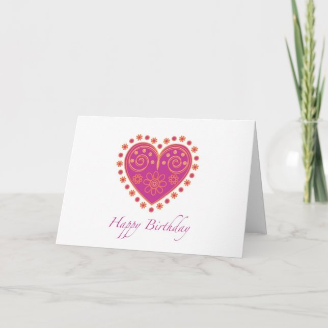 Wishing "Happy Birthday" with pink folklore heart Card (Front)