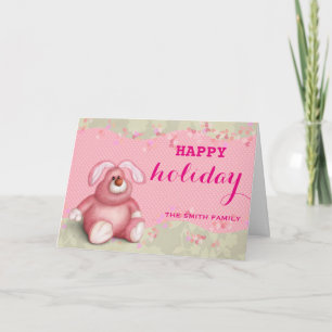 Wishing Happy Holiday Pink Kids Teddy Christmas Card