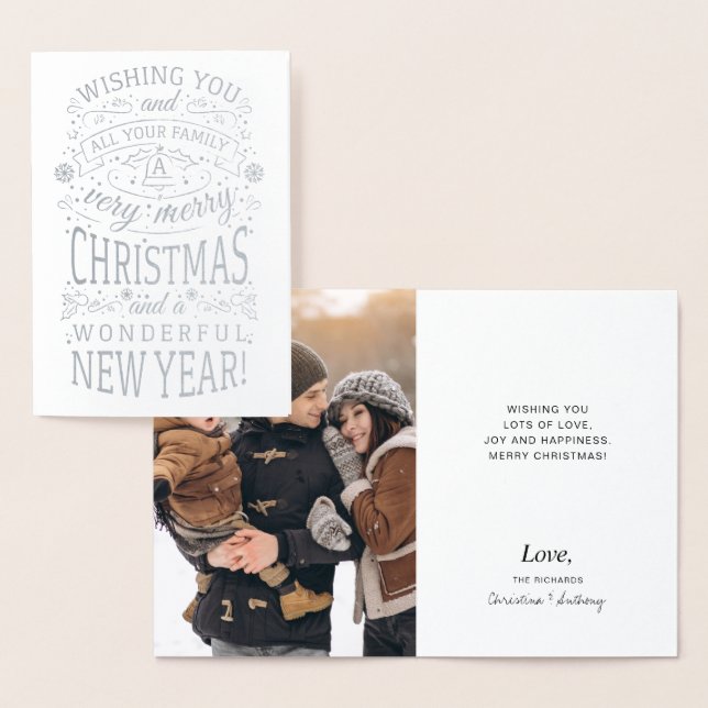 Wishing Very Merry Christmas Photo Holiday Silver Foil Card (Display)