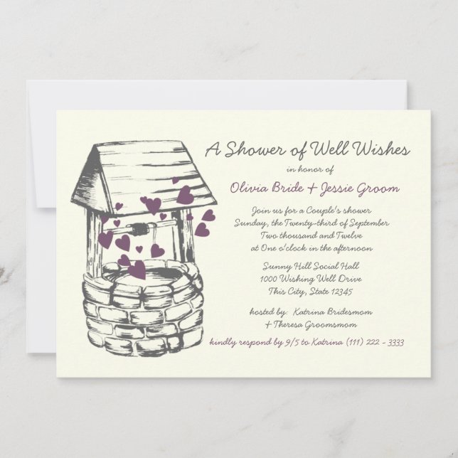Wishing Well Couples Shower Plum Hearts Invitation (Front)