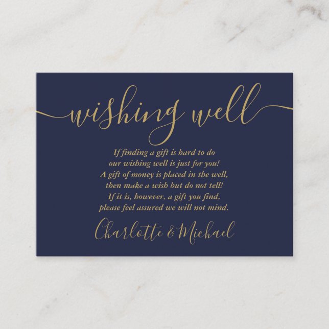 Wishing Well Script Navy Blue And Gold Wedding Enclosure Card (Front)