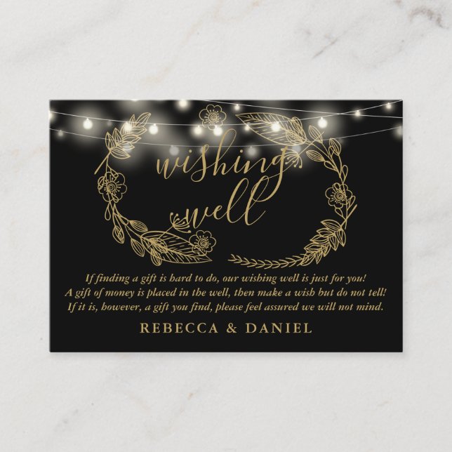 Wishing Well String Lights Black And Gold Wedding Enclosure Card (Front)