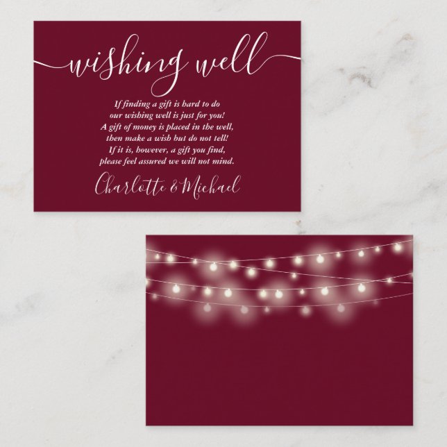 Wishing Well String Lights Burgundy Wedding Enclosure Card (Front/Back)