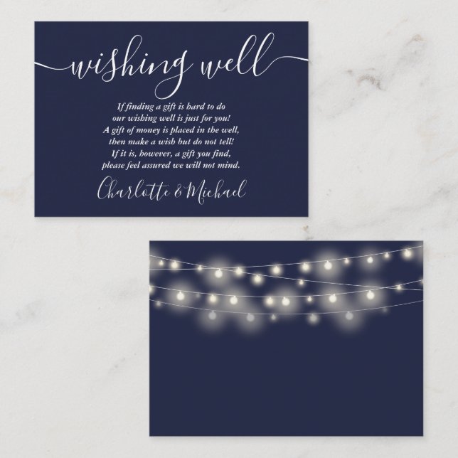 Wishing Well String Lights Navy Blue Wedding Enclosure Card (Front/Back)