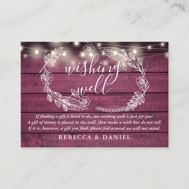 Wishing Well String Lights Rustic Red Wood Wedding Enclosure Card (Front)