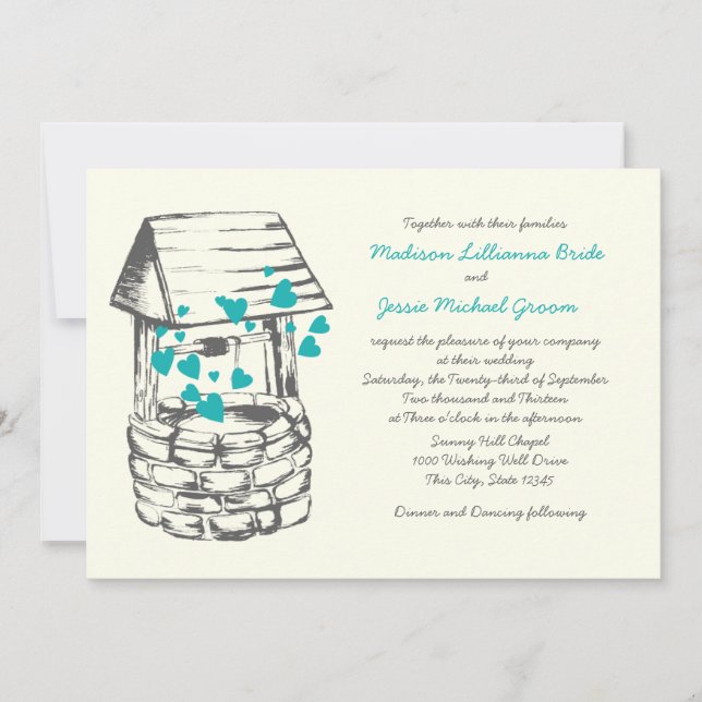 Wishing Well Wedding Turquoise Hearts Invitation (Front)