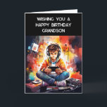 Wishing You a Happy Birthday Grandson | Gamer Card<br><div class="desc">Cute birthday card for a grandson. Little boy playing video games with distressed text. Cute for a pre-teen or a teen.</div>