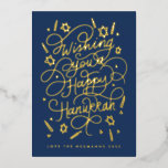 Wishing you a happy hanukkah handlettering<br><div class="desc">Handlettered "wishing you a happy hanukkah" blue and gold foil; background colour is editable; photos on the back.</div>