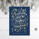 Wishing you a happy hanukkah handlettering<br><div class="desc">Handlettered "wishing you a happy hanukkah" blue and gold foil; background colour is editable; photos on the back.</div>