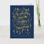 Wishing you a happy hanukkah handlettering foil greeting card<br><div class="desc">Handlettered "wishing you a happy hanukkah" blue and gold foil; background colour is editable; photos inside optional</div>