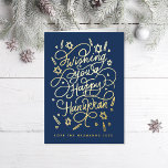 Wishing you a happy hanukkah handlettering foil greeting card<br><div class="desc">Handlettered "wishing you a happy hanukkah" blue and gold foil; background colour is editable; photos inside optional</div>