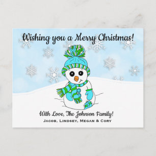 Wishing you a Merry Christmas Blue Snowman Postcard