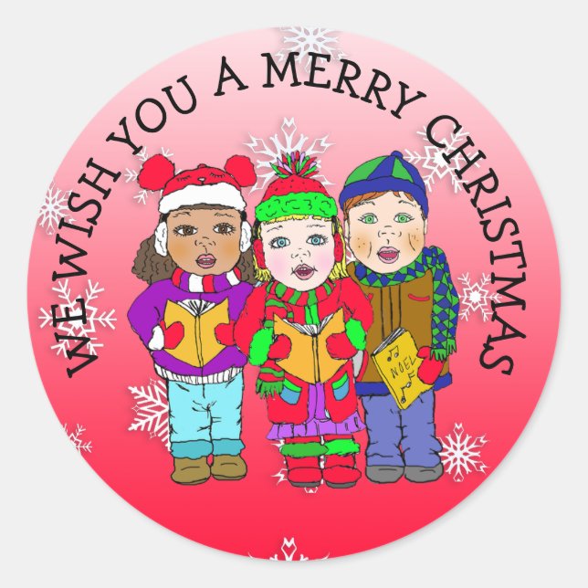 Wishing you a Merry Christmas Carolers Classic Round Sticker (Front)
