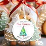 Wishing You a Merry Christmas Personalised Classic Round Sticker<br><div class="desc">Pretty watercolor rainbow Christmas tree personalised holiday stickers. Wishing you a Merry Christmas/</div>