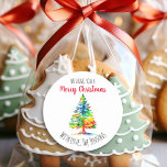 Wishing You a Merry Christmas Personalised Classic Round Sticker<br><div class="desc">Pretty watercolor rainbow Christmas tree personalised holiday stickers. Wishing you a Merry Christmas/</div>