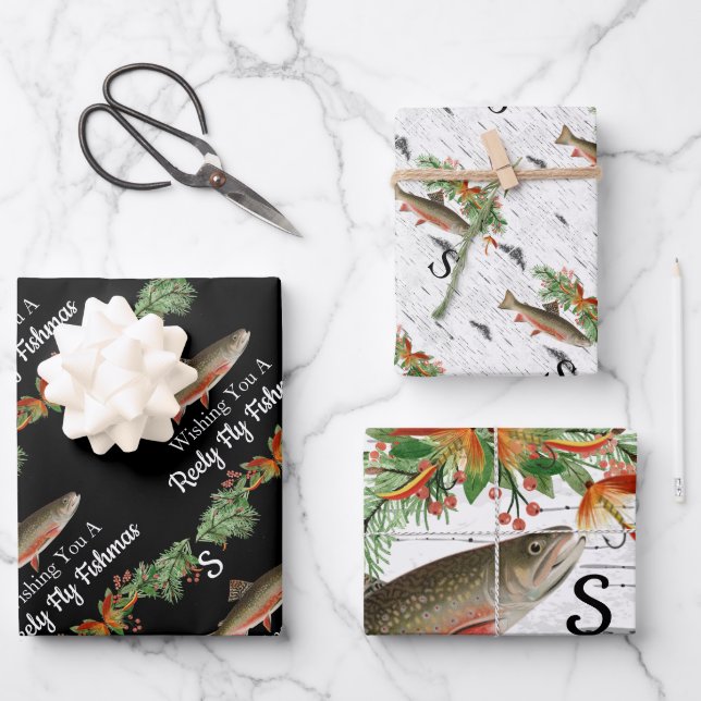 Wishing You a Reely Fly Fishmas, Trout Christmas Wrapping Paper Sheet (Front)