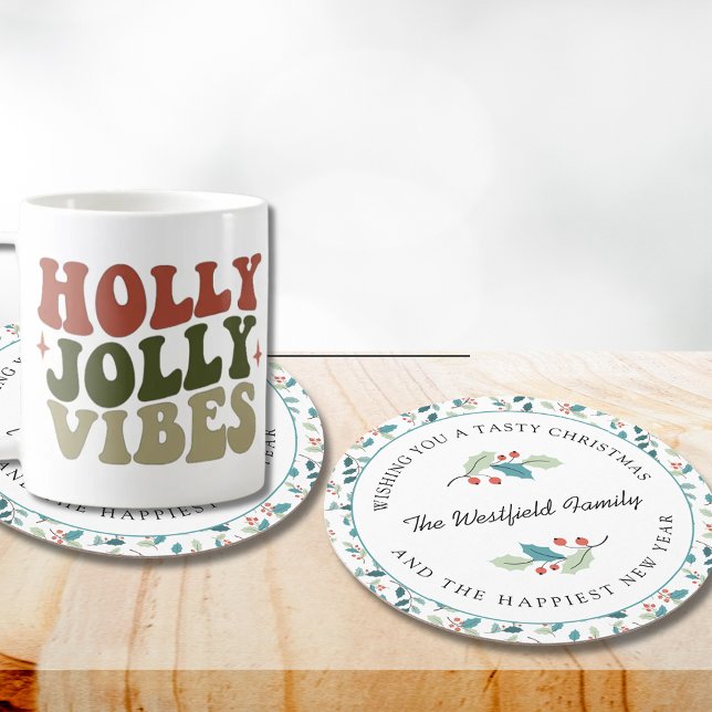 Wishing You a Tasty Christmas Holly Round Paper Coaster (Wishing You a Tasty Christmas Holly and Red Berries Round Paper Coaster)