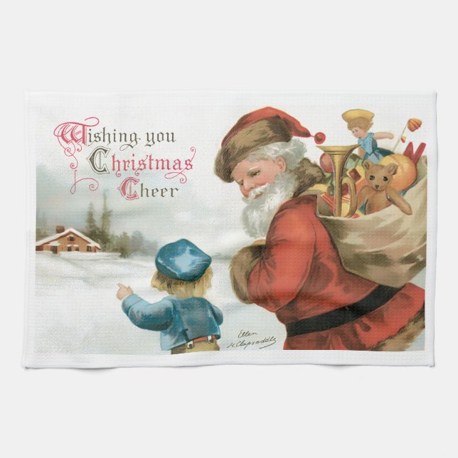 Wishing You Christmas Cheer by Ellen Clapsaddle Tea Towel (Horizontal)