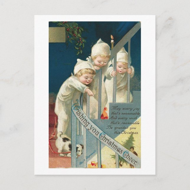 Wishing You Christmas Cheer Kids, Dog on Stairwell Holiday Postcard (Front)